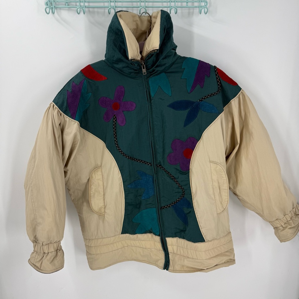 Mulberry Street vintage Fleece Lined Leather floral  accent puffer jacket Size S
